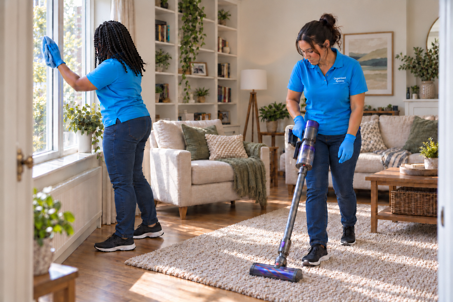 Illustrative scene of two Organised Spaces cleaners working in a living room